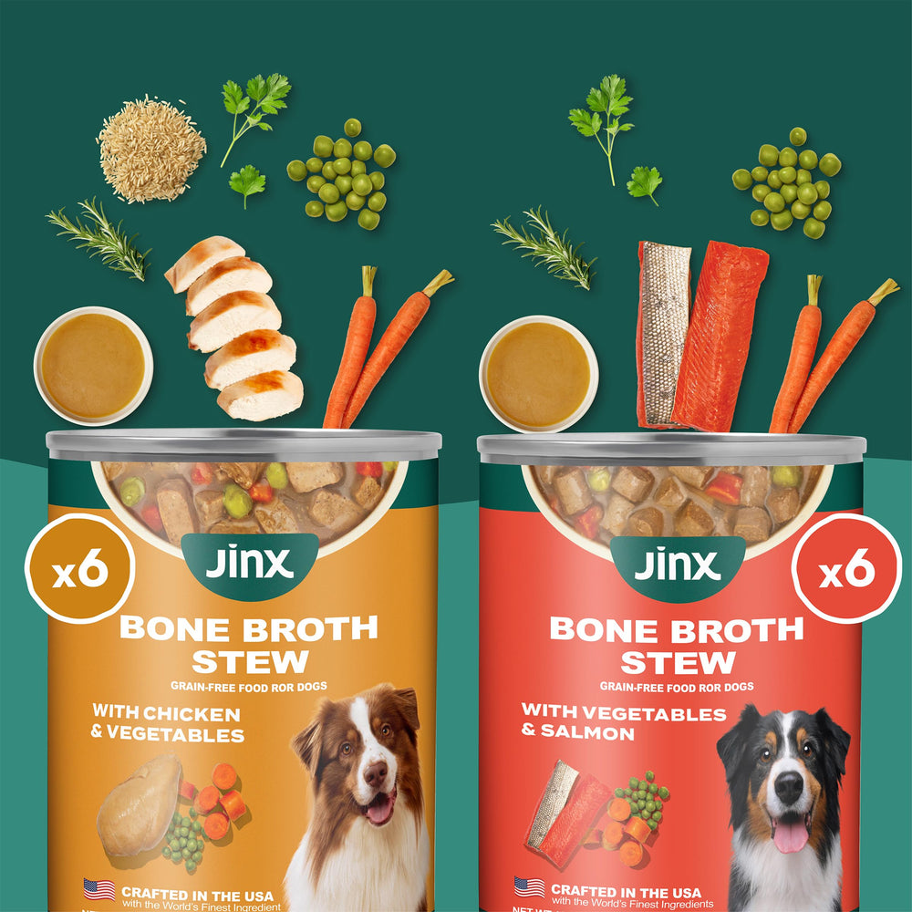 Jinx salmon stew close-up emphasizes premium protein in a wet food.
