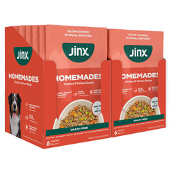 Jinx Salmon Wet Dog Food Topper served in bowl with kibble to entice picky eaters.
