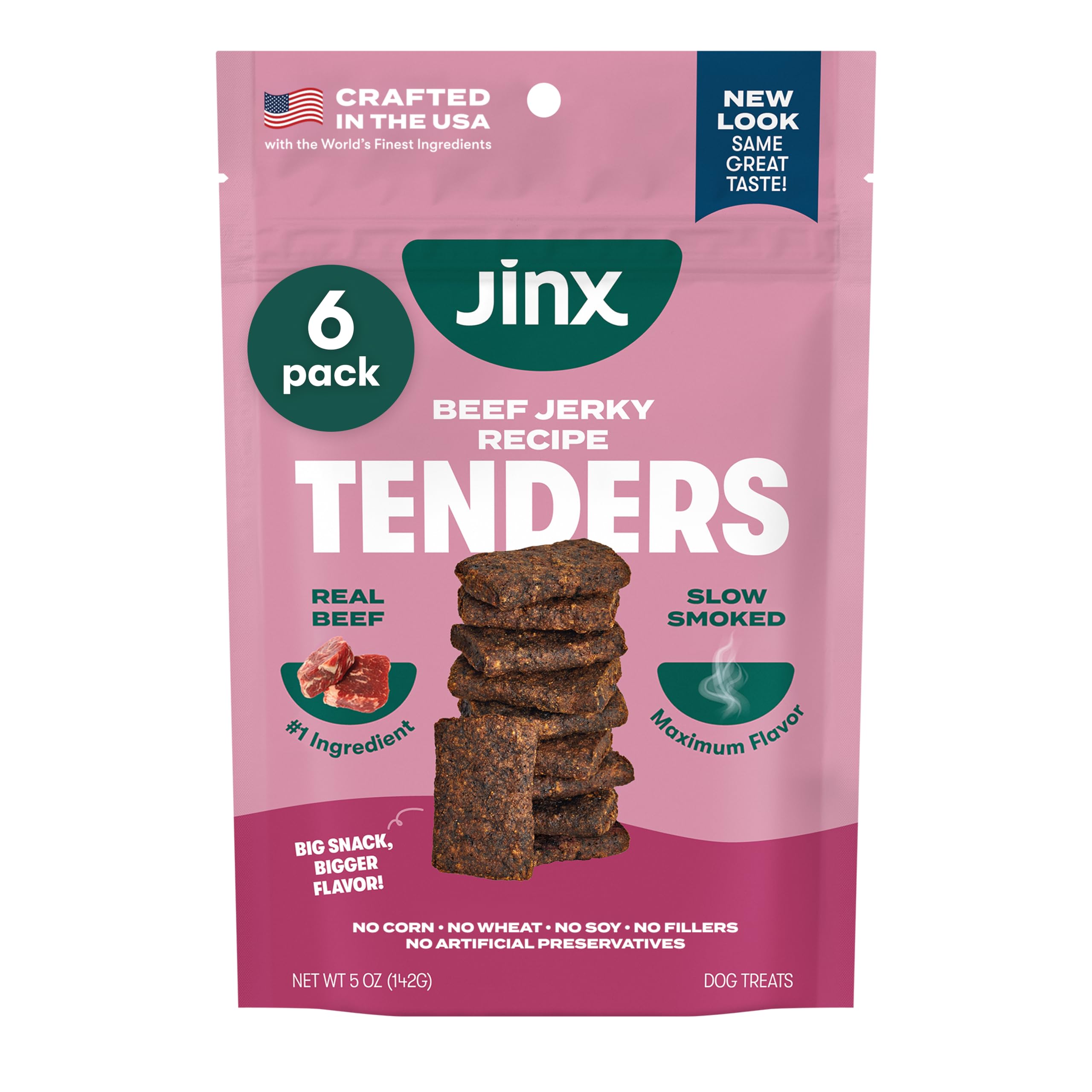Jinx Tenders Beef Jerky packaging highlights premium, all-natural ingredients for dogs.