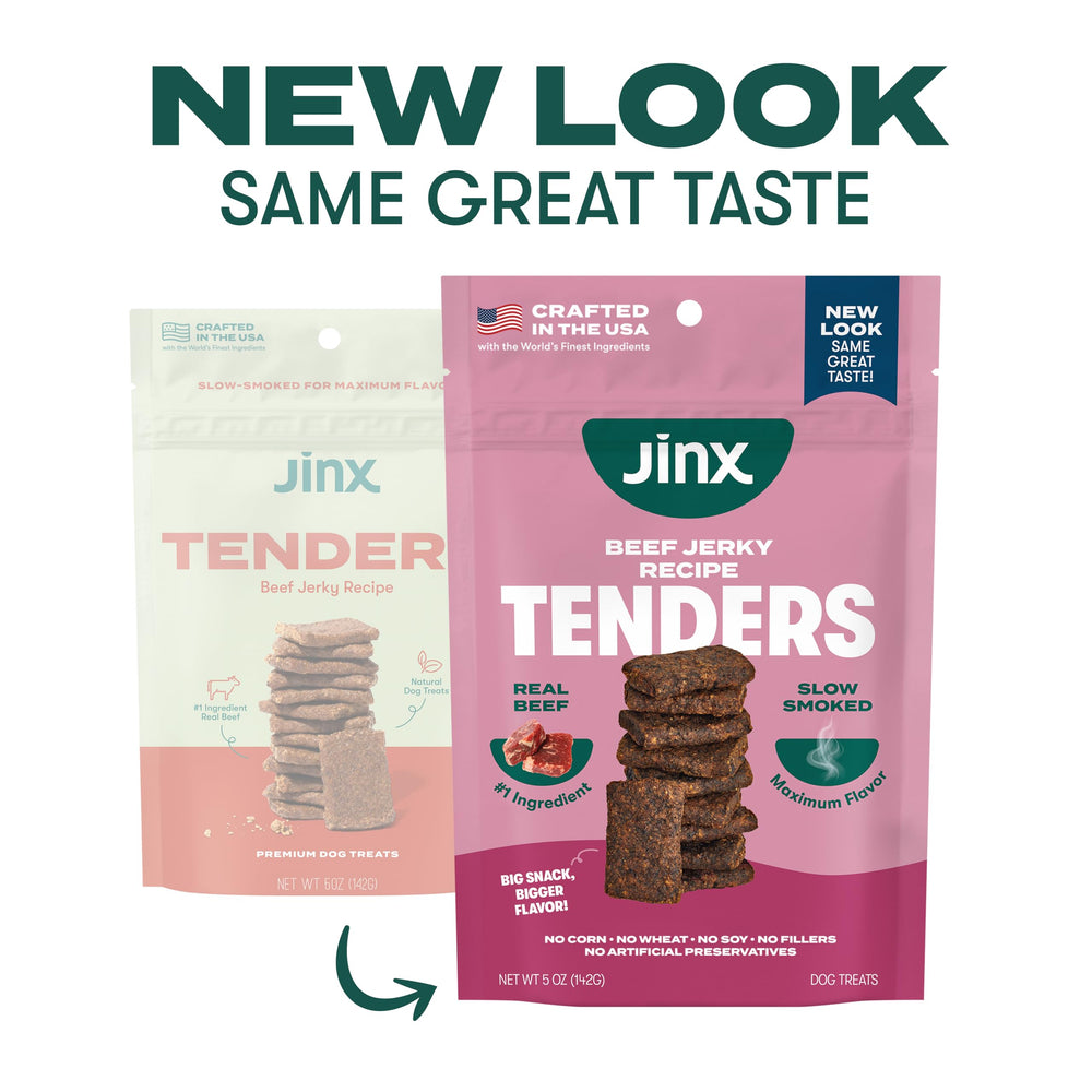 Jinx Tenders soft chewy bite closeup emphasizes tender texture for easy chewing.