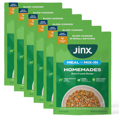 Jinx wet dog food pouch showing lamb and duck chunks for tasty meals.