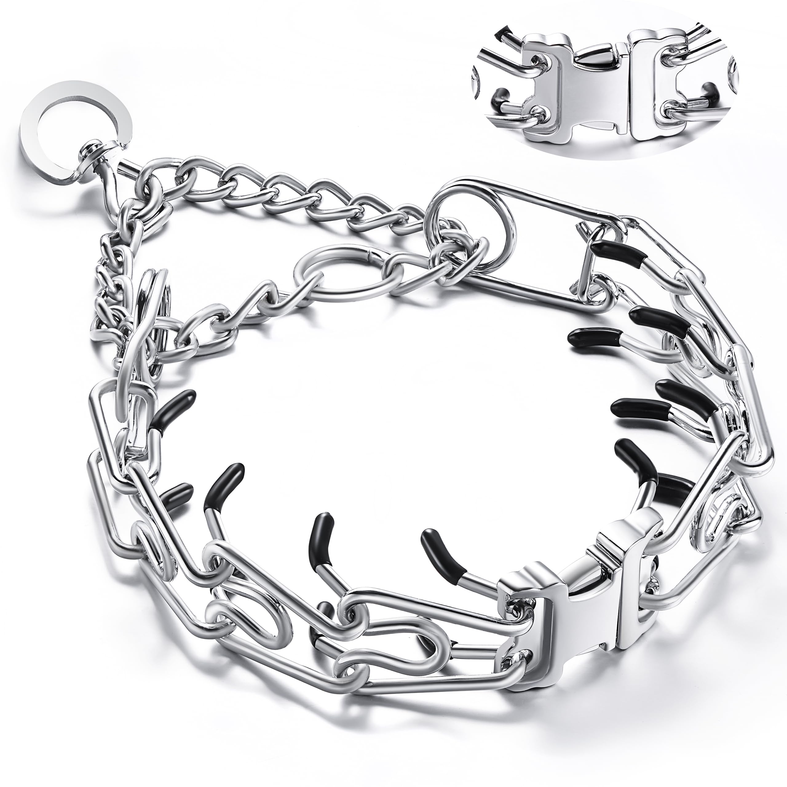 JIPIMON prong collar on a dog during a walk, durable steel for daily training.