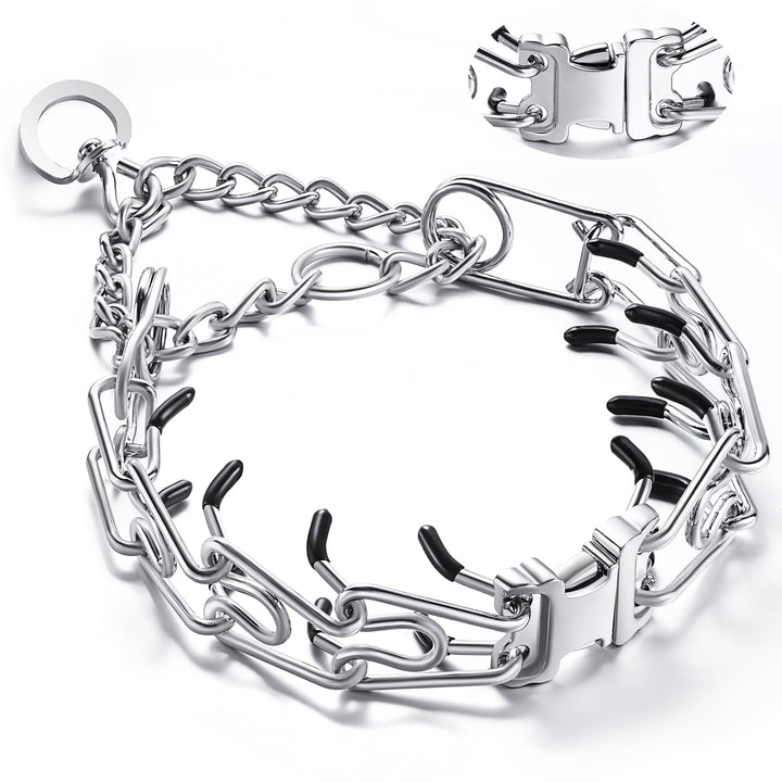 JIPIMON prong collar on a dog during a walk, durable steel for daily training.