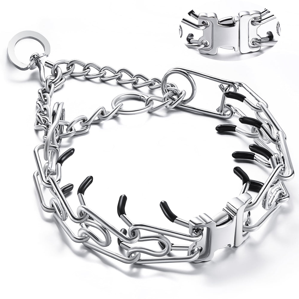 JIPIMON prong collar on a dog during a walk, durable steel for daily training.