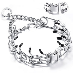 JIPIMON prong collar on a dog during a walk, durable steel for daily training.