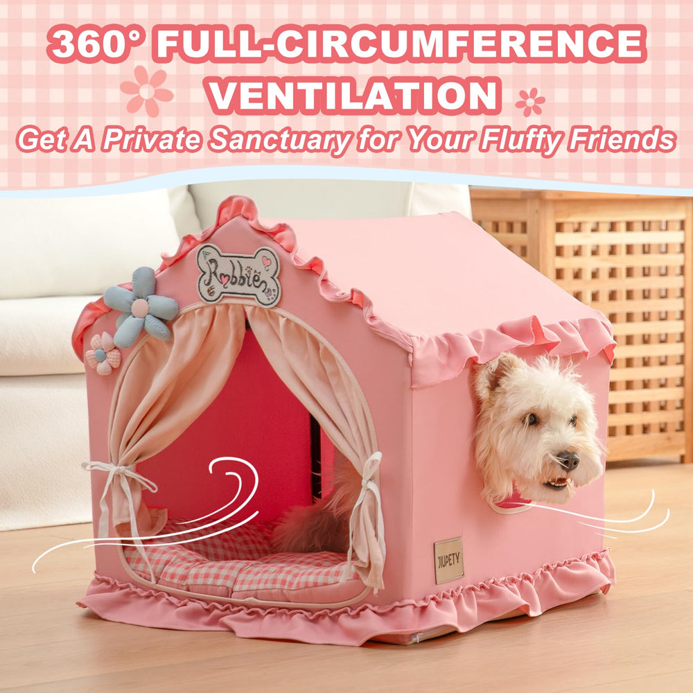 Jiupety pink dog tent with door curtain creates private cozy hideaway.