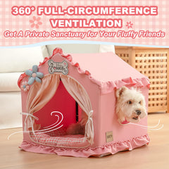 Jiupety pink dog tent with door curtain creates private cozy hideaway.