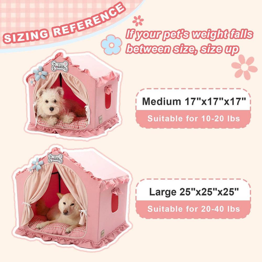 Jiupety 25x25x25 dog house fits 20-40 lb dogs comfortably.