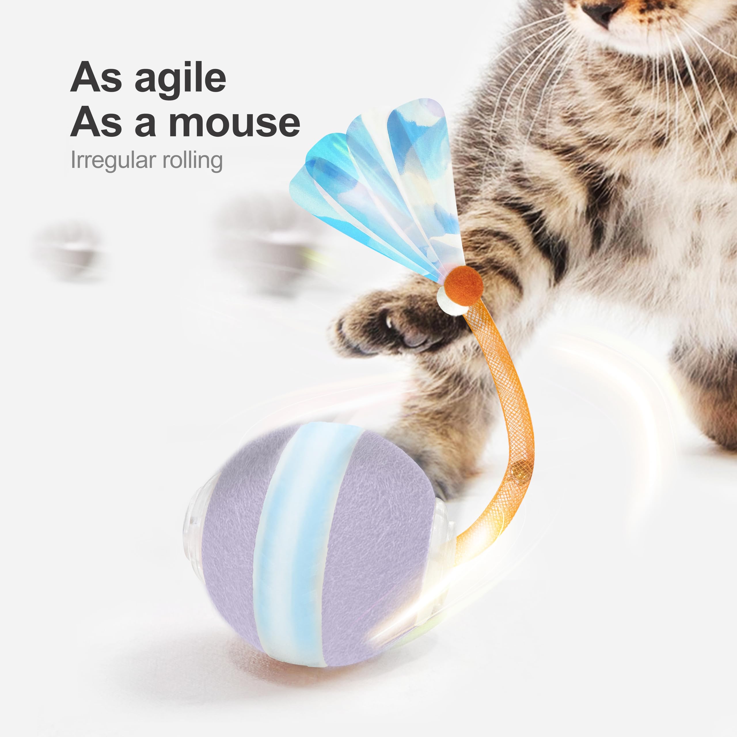 Jkanti interactive cat ball purple side view with tail demonstrates dynamic movement for chase.