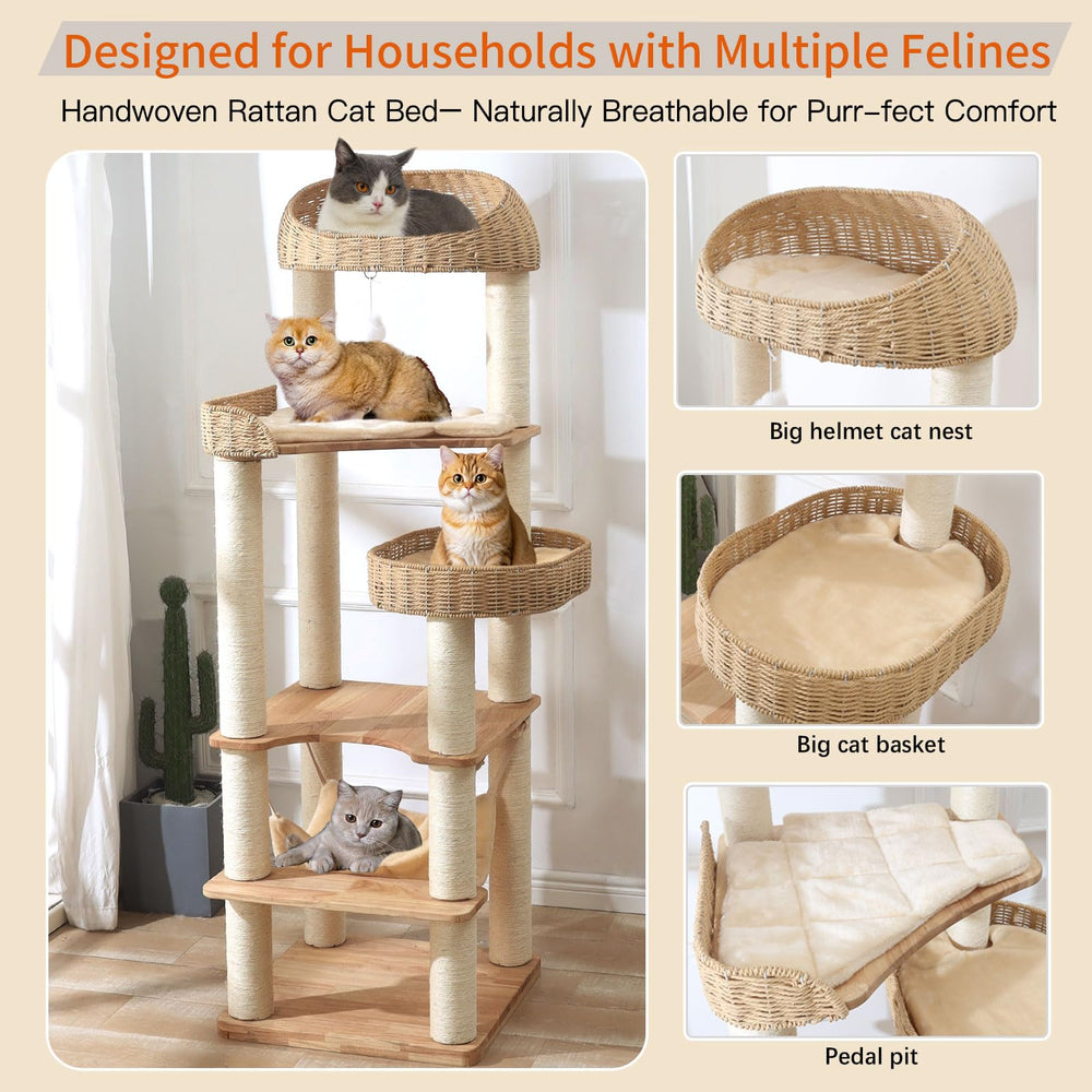 JLDUQKUM solid wood cat condo with handwoven basket for lounging.