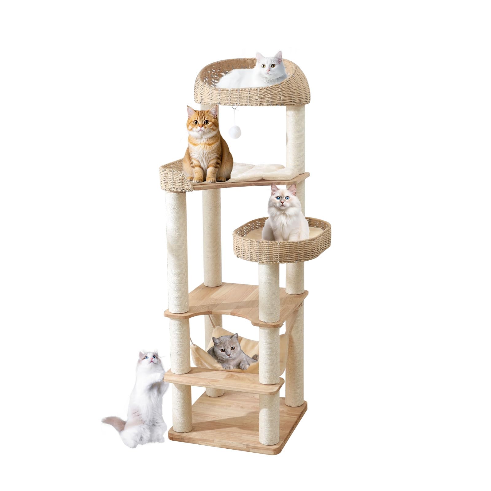 JLDUQKUM wooden cat tree with 62-inch height for multiple indoor cats.