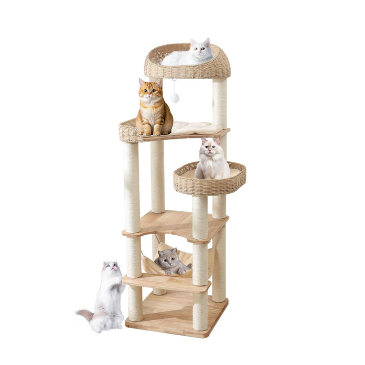 JLDUQKUM wooden cat tree with 62-inch height for multiple indoor cats.
