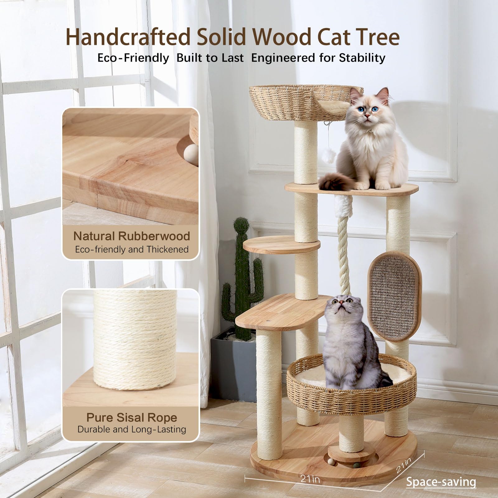 JLDUQKUM wooden cat tree with 3-inch sisal posts for durable scratching