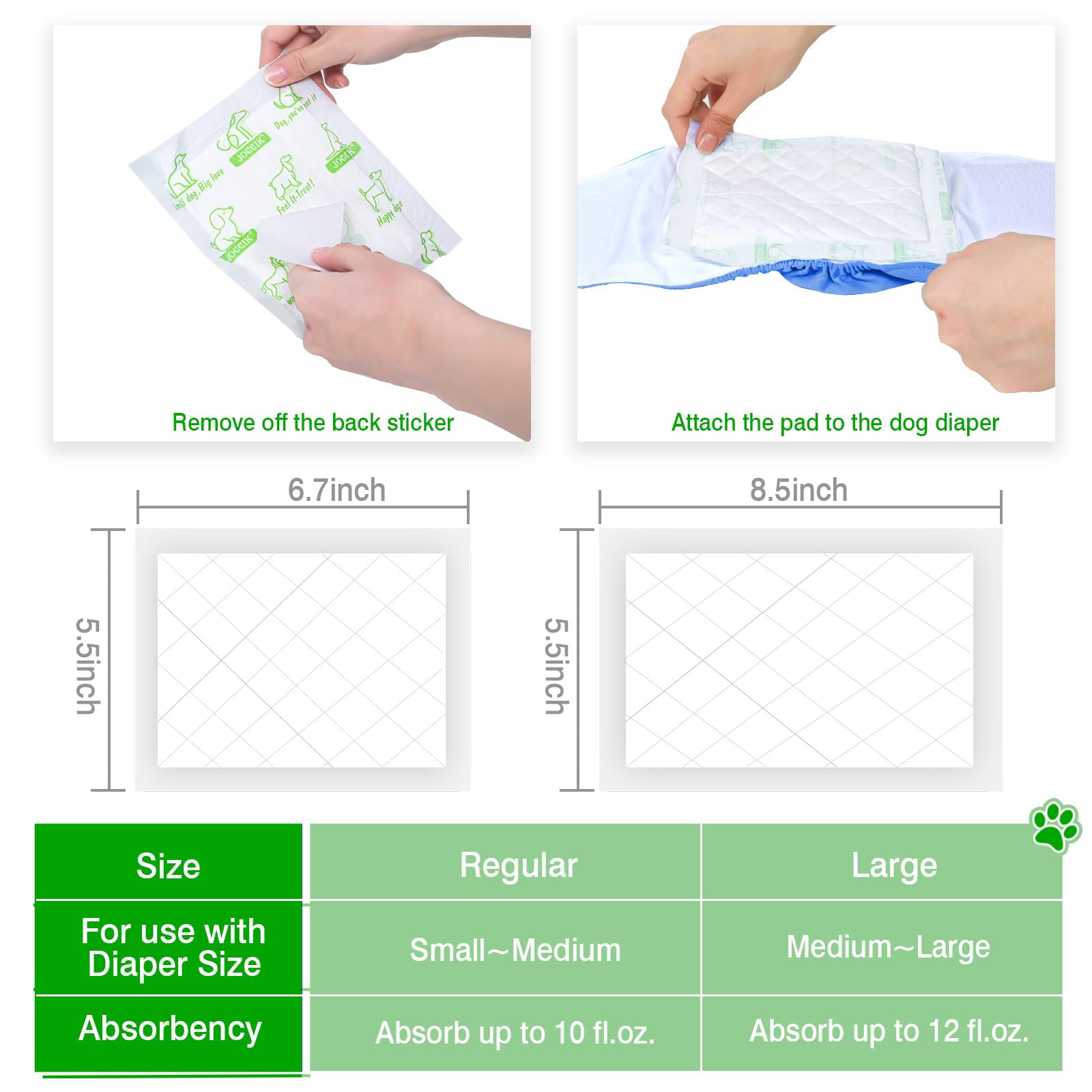 JOCCIK dog diaper liners 150ct pack back emphasizes eco-friendly, cost-saving use.