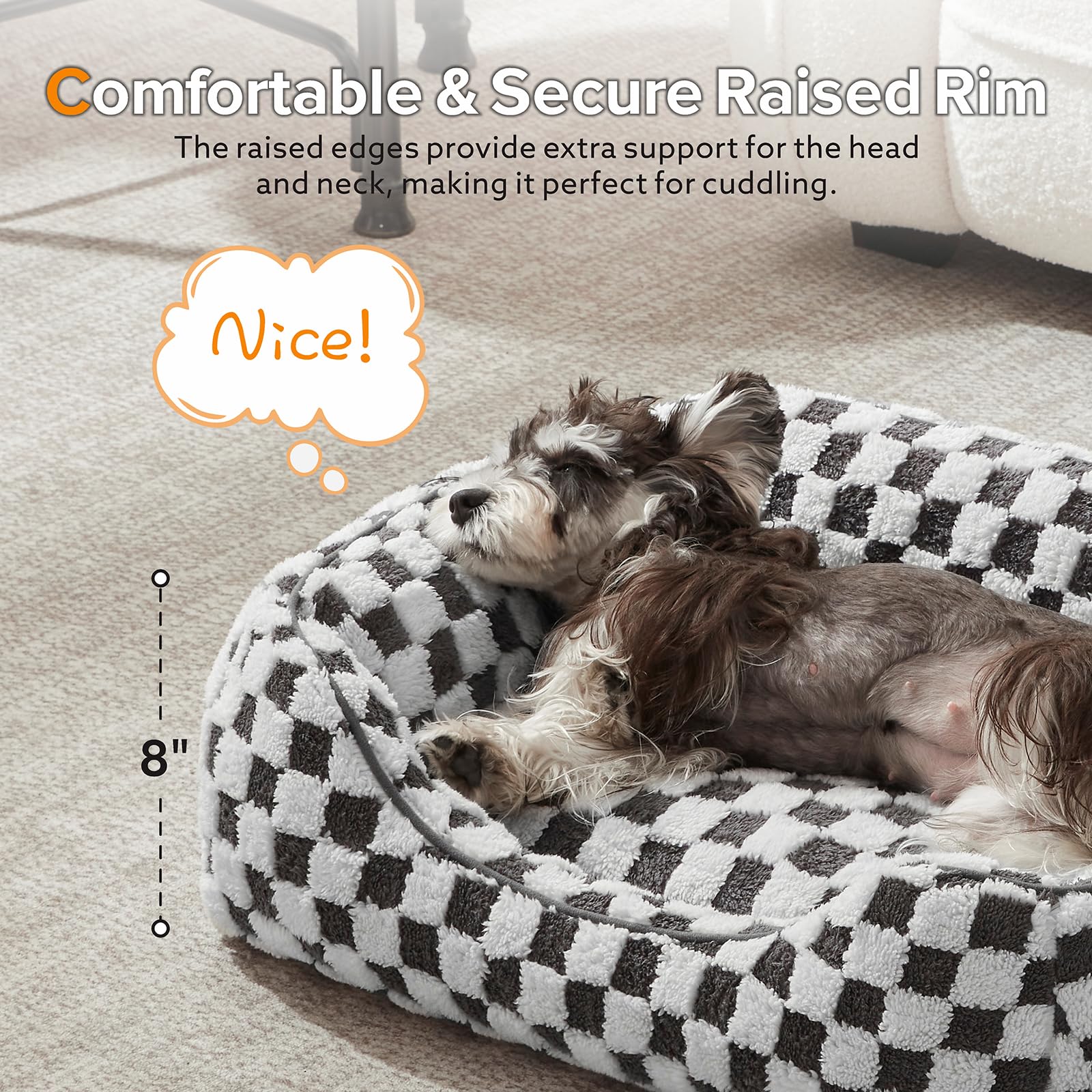JOEJOY dog bed side view highlights raised edges for neck support