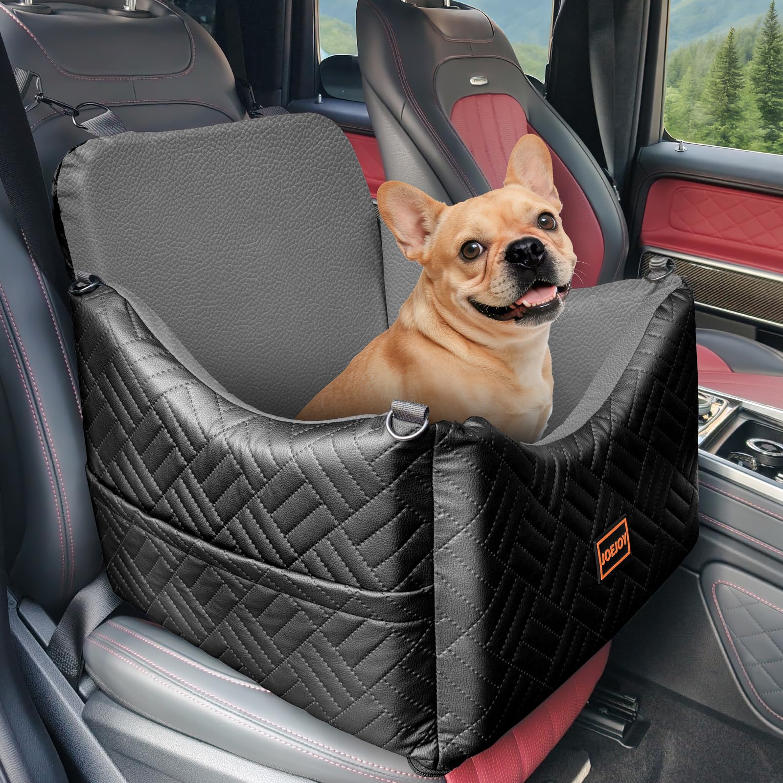 JOEJOY dog car seat front view with secure buckle for small dogs.