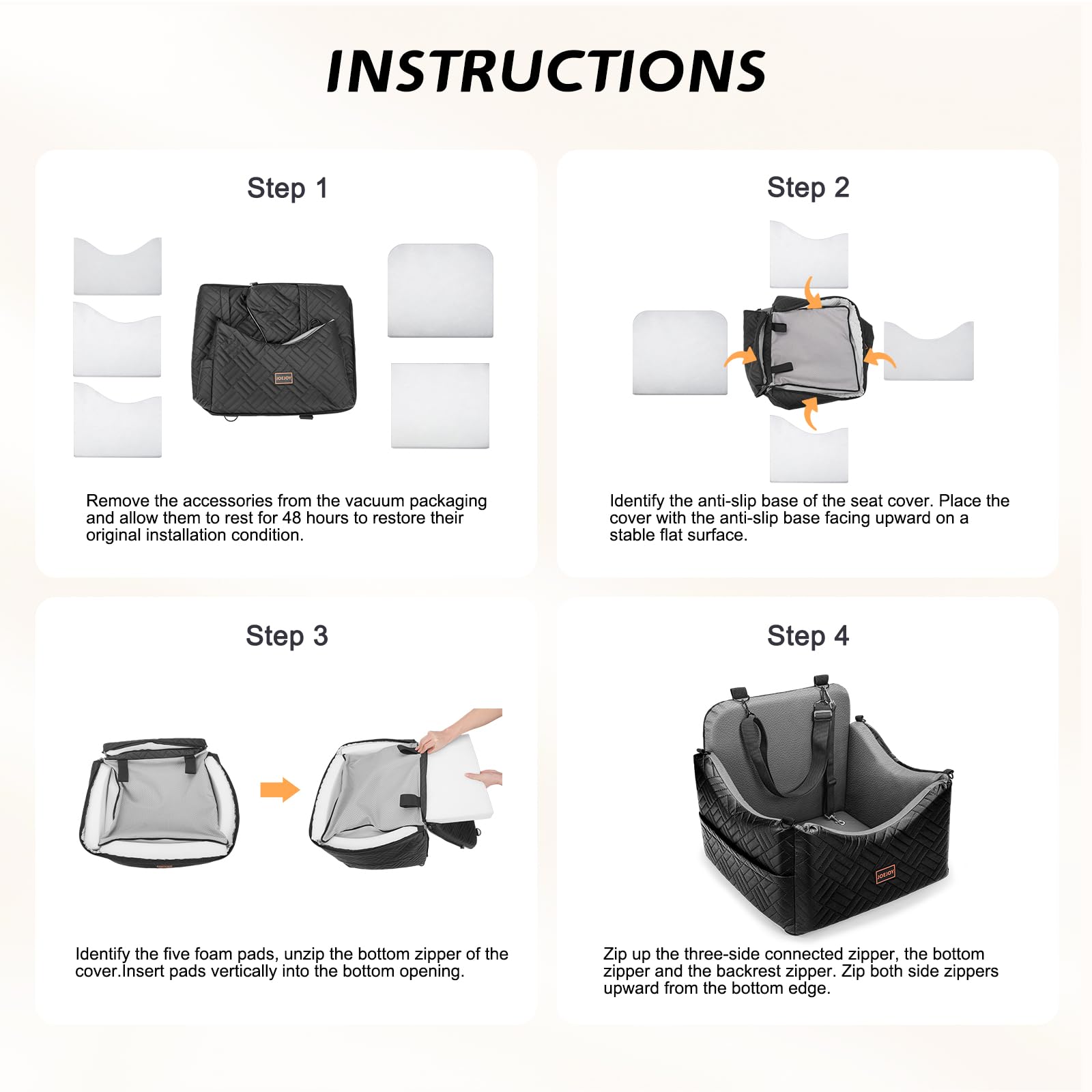 JOEJOY installation diagram shows quick fit on front or rear seats.