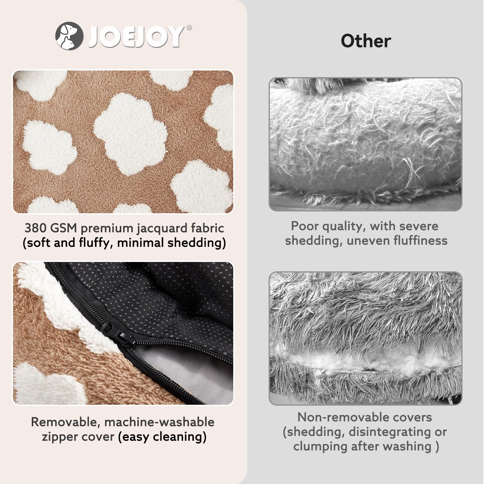 Removable washable cover on JOEJOY donut bed for easy cleaning.