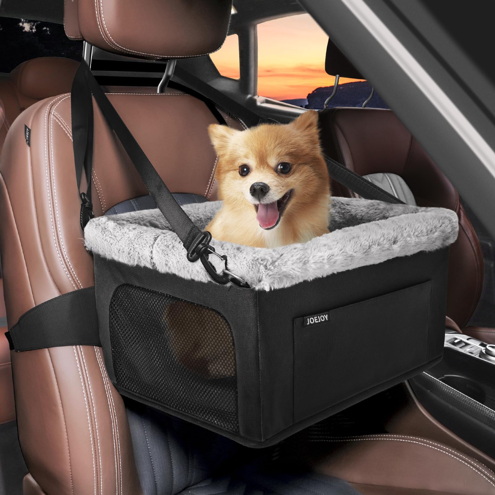 JOEJOY Deluxe booster seat with metal frame elevates small dogs for better window views.