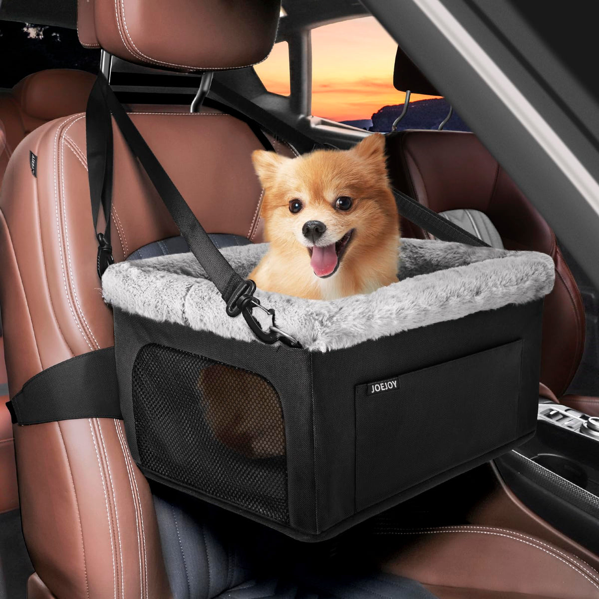 JOEJOY Deluxe booster seat with metal frame elevates small dogs for better window views.