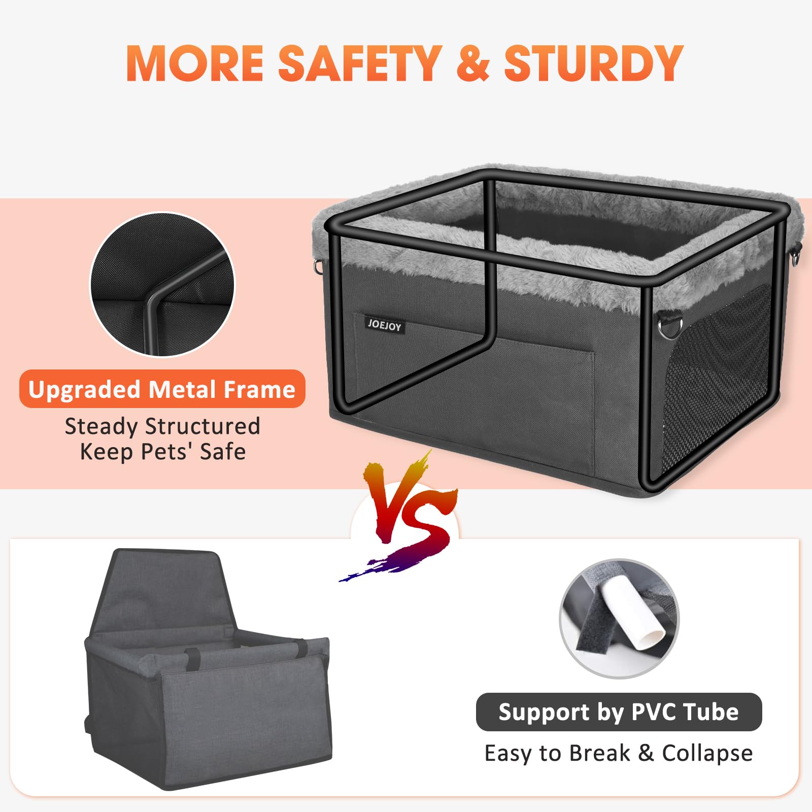JOEJOY booster seat includes a clip-on leash to keep your pet secure during drives.