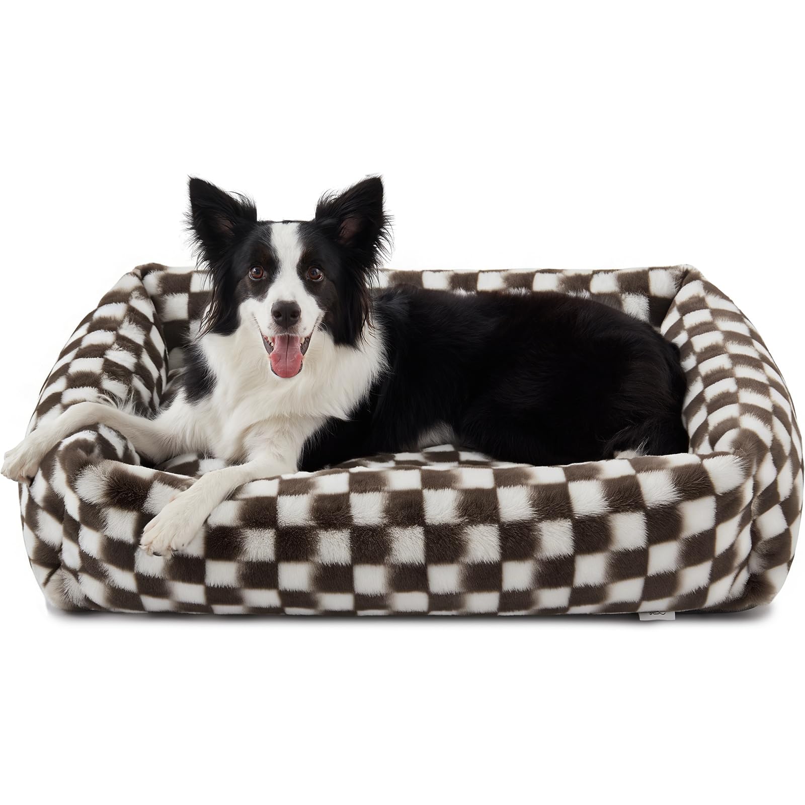 JOEJOY dog bed with checkered brown fabric offers cozy lounging for medium dogs.