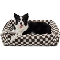 JOEJOY dog bed with checkered brown fabric offers cozy lounging for medium dogs.