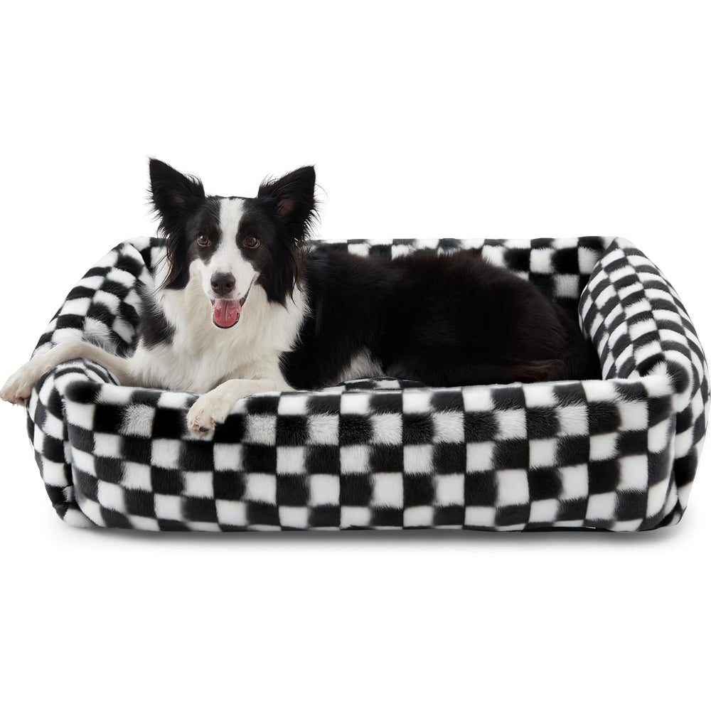 JOEJOY dog bed front view in black checkered fabric for cozy lounging.