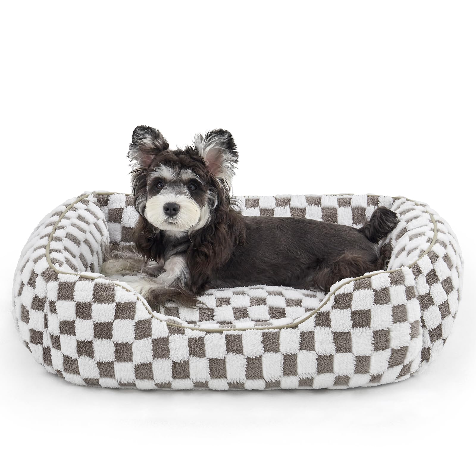 JOEJOY small dog bed in coffee jacquard plush, cozy and stylish