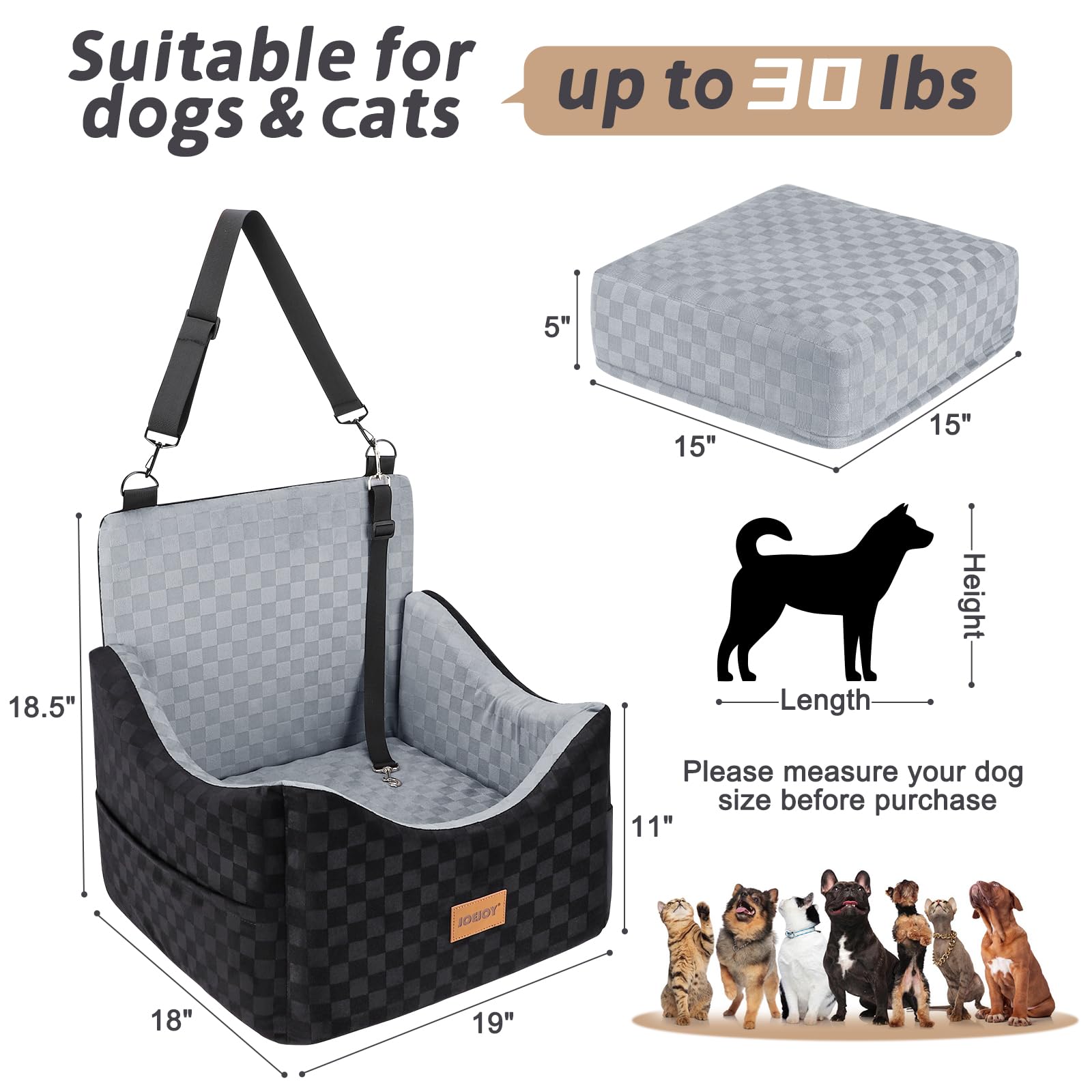 JOEJOY fits small and medium dogs up to 35 pounds for front or back seat use