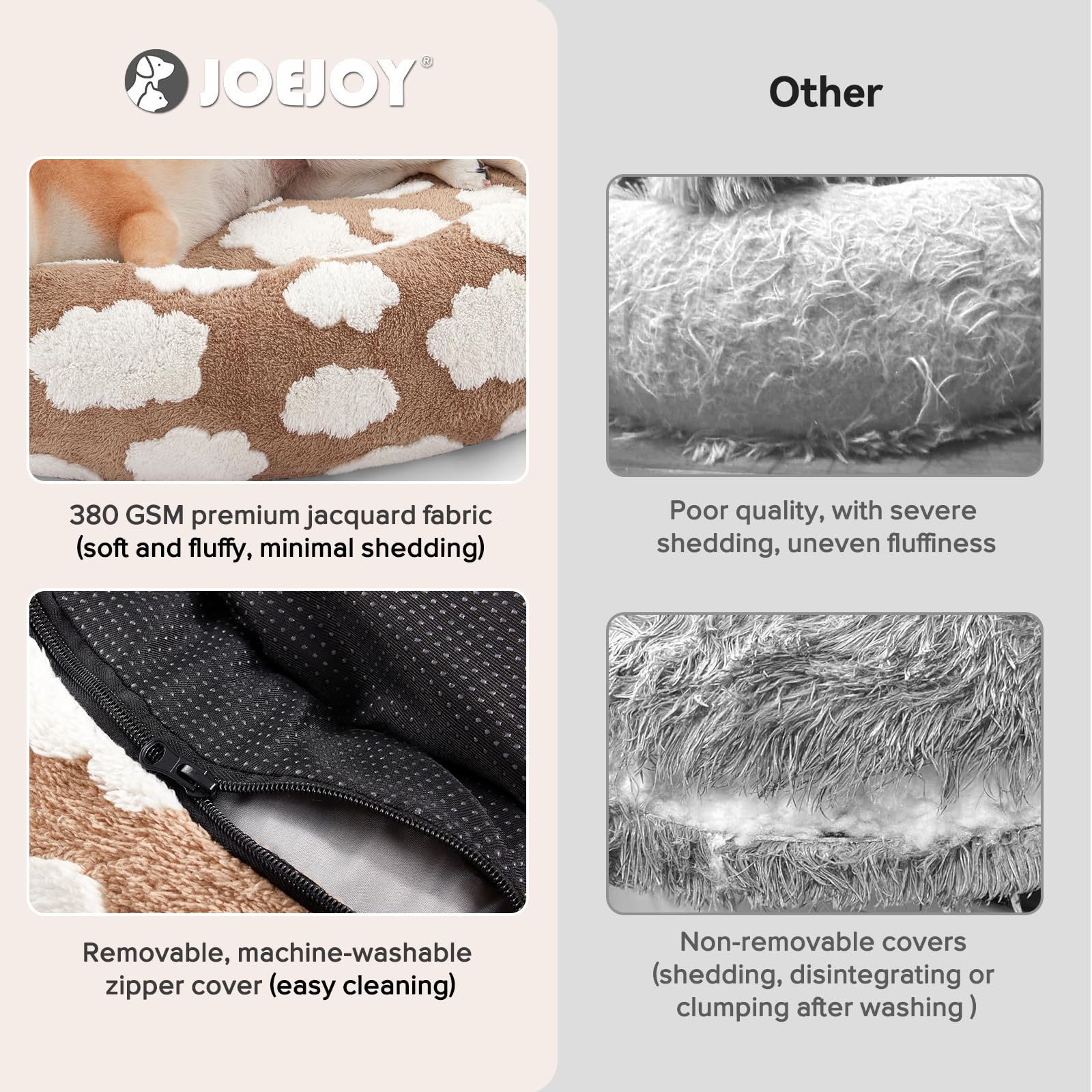 JOEJOY donut dog bed size chart highlights XS to XL options
