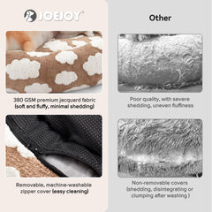 JOEJOY donut dog bed size chart highlights XS to XL options
