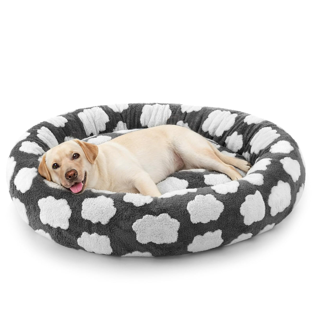 Joejoy donut large dog bed with round plush cover for cozy snuggles.