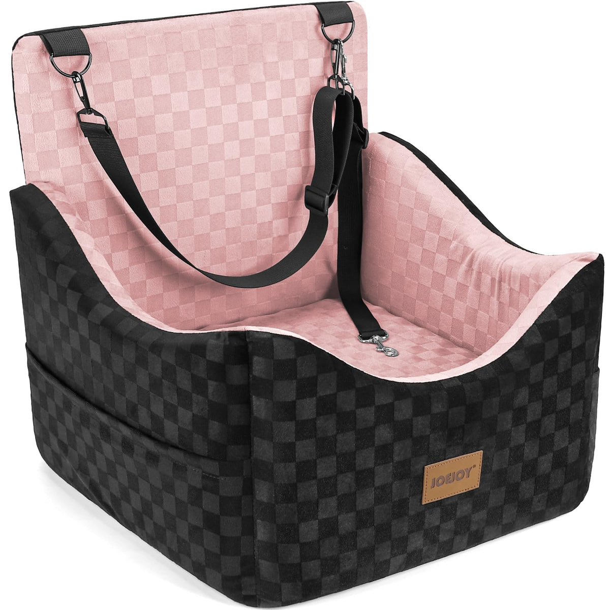 Joejoy elevated dog car seat seen from the rear, offering a better view for calmer car trips.