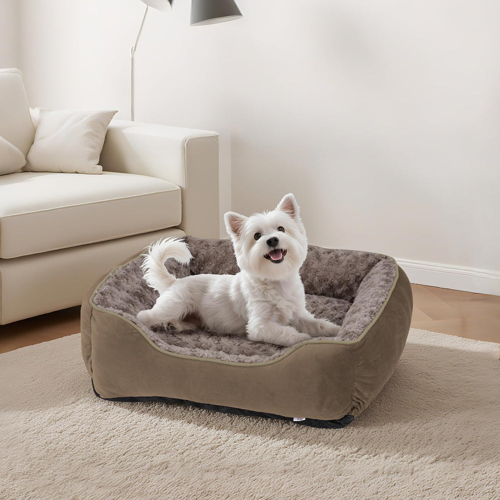 JOEJOY Rectangle Dog Bed shown in crate or on sofa for versatile placement.