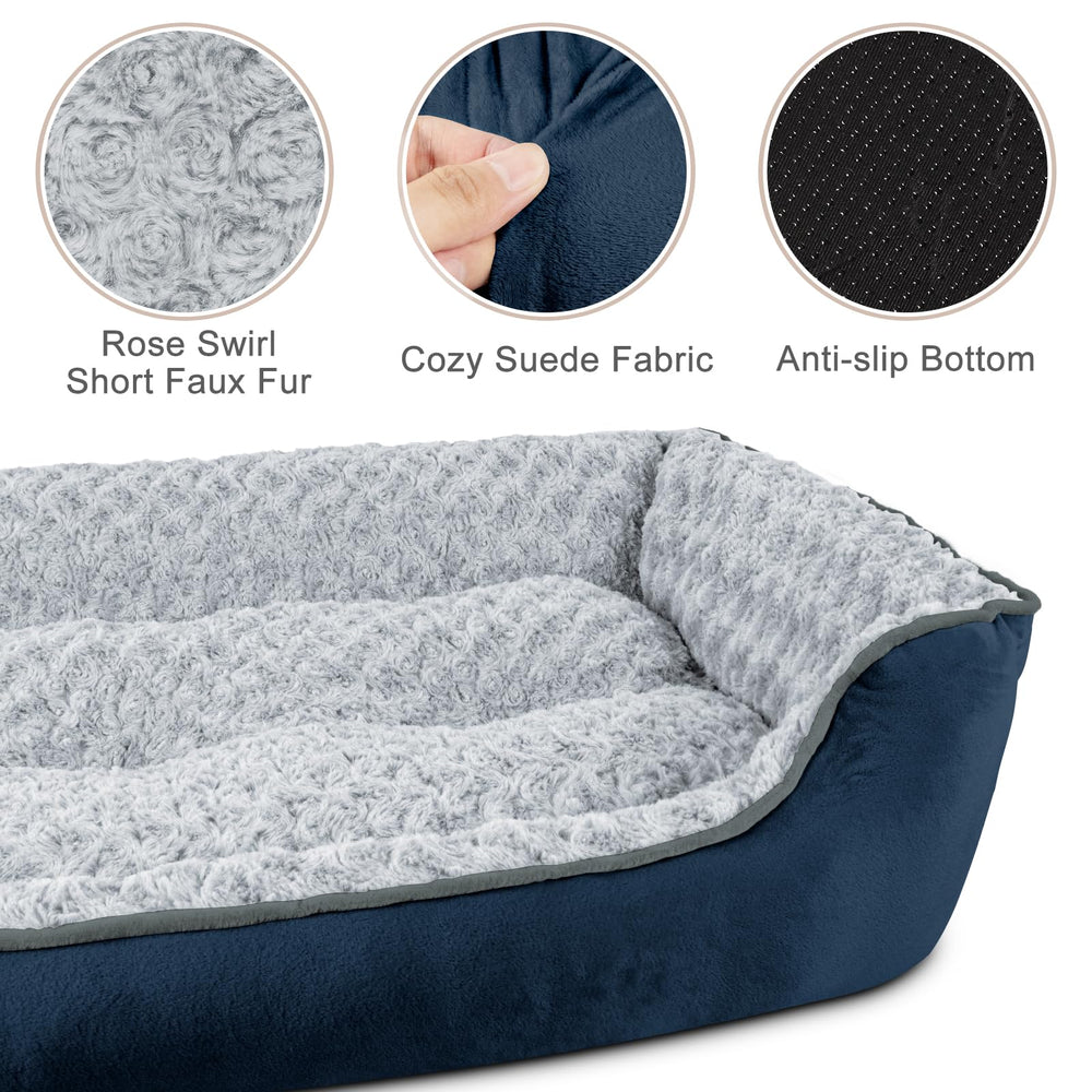 JOEJOY Rectangle Dog Bed navy close-up of faux fur texture for warmth and comfort