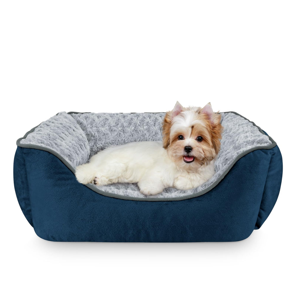 JOEJOY Rectangle Dog Bed navy front view showing the supportive, elevated edges for cozy naps
