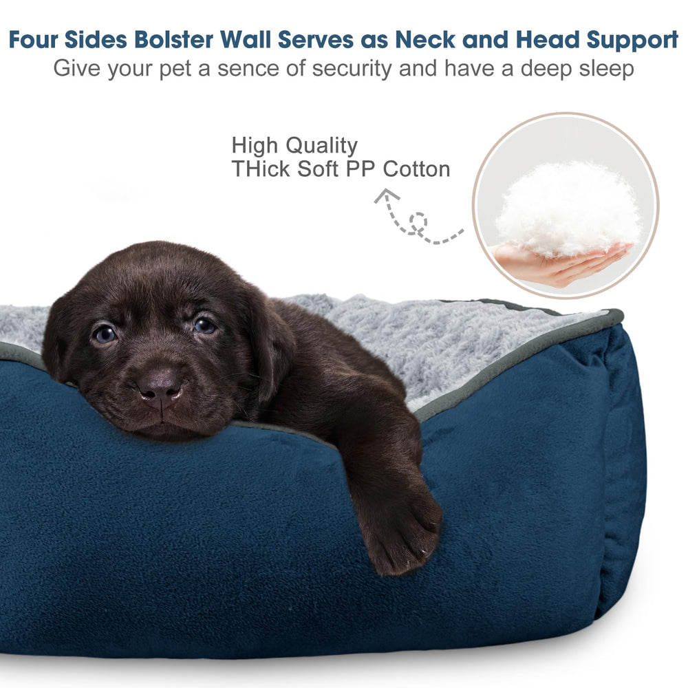JOEJOY rectangle dog bed side view highlighting raised walls for neck support and warmth