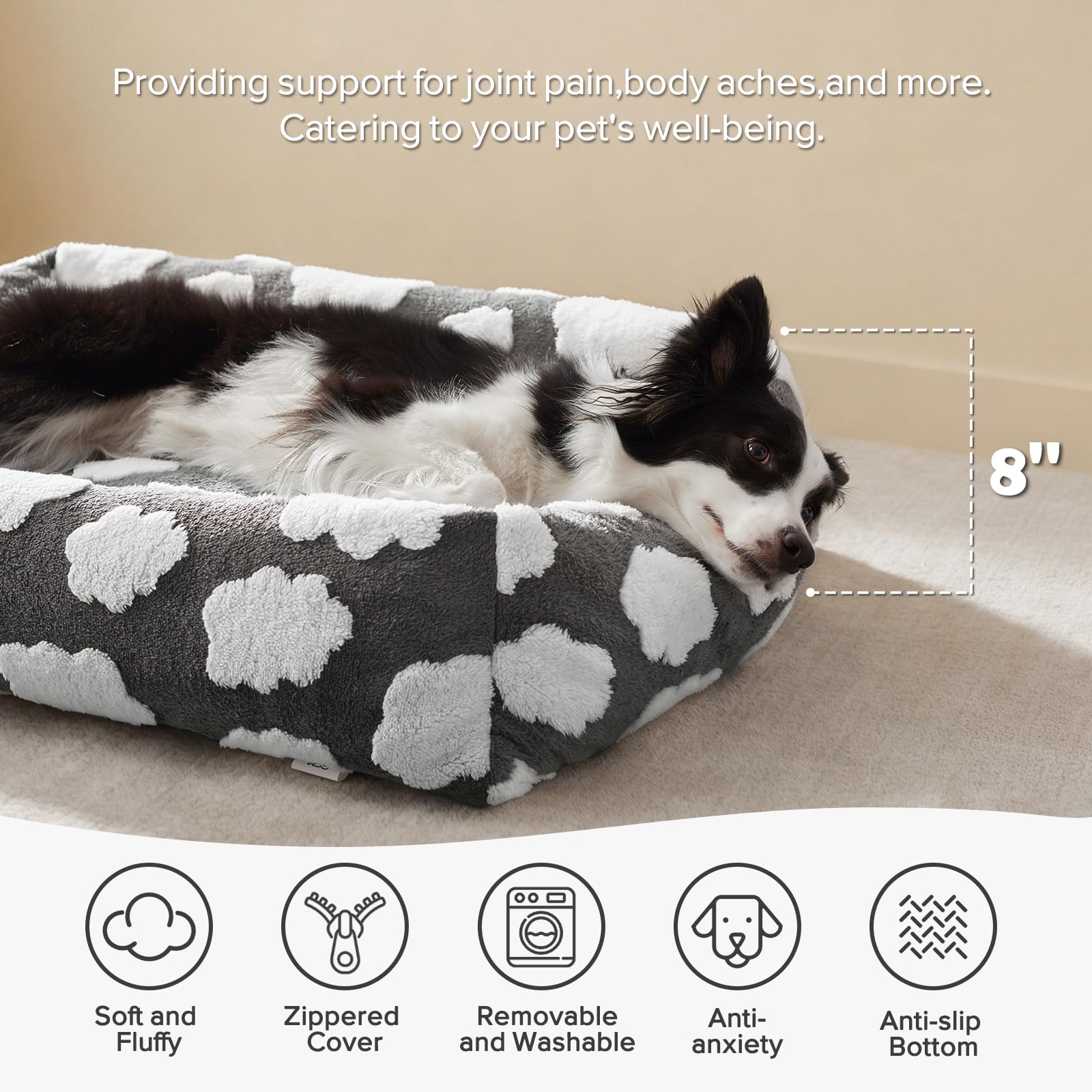 JOEJOY rectangle soft furry bed, side view showing plush support.