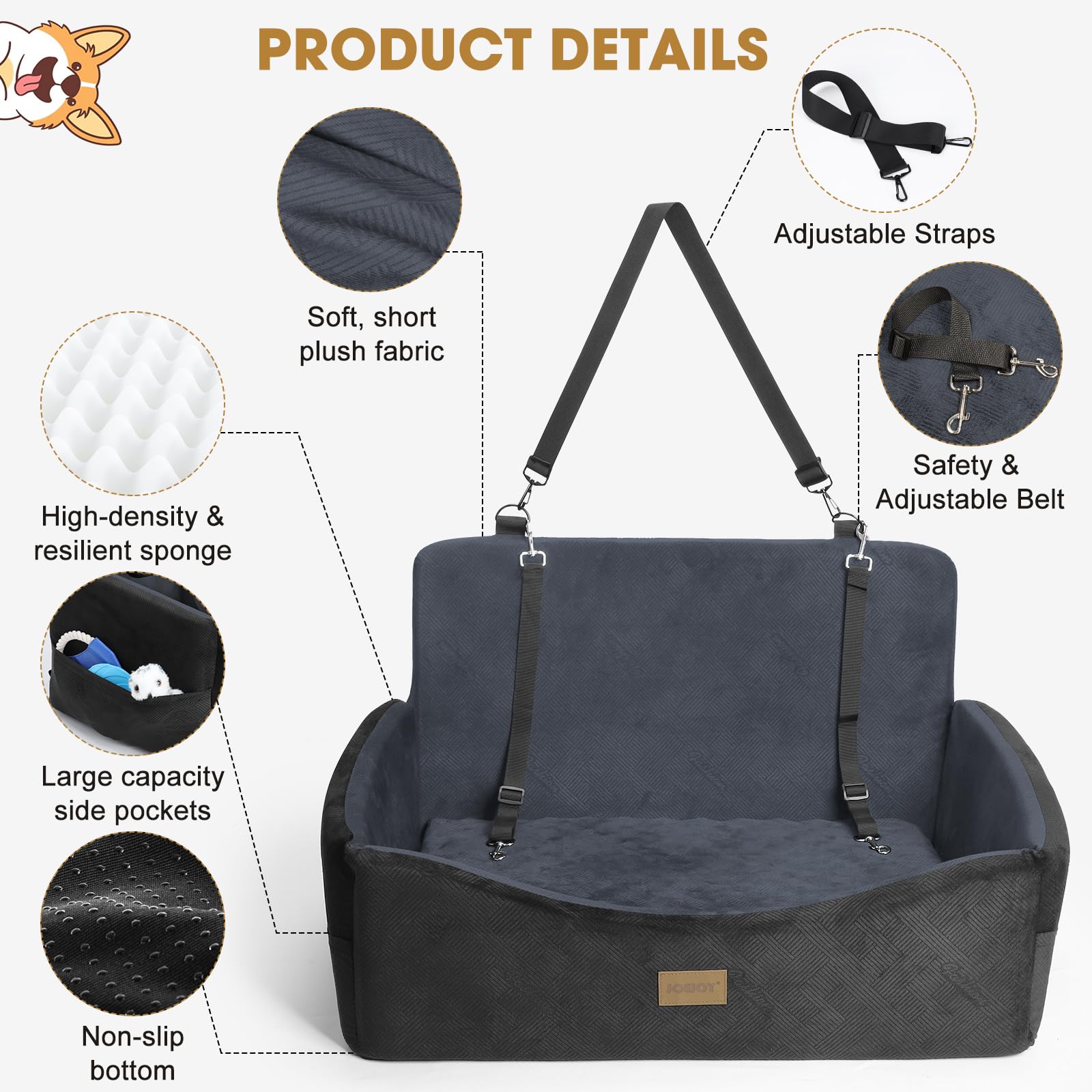JOEJOY built in safety belts keep your dog's harness secure on trips.