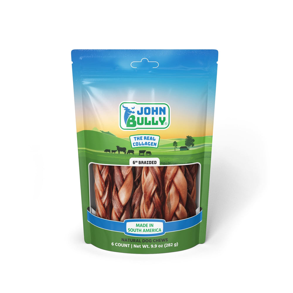 John Bully collagen braided 6-inch pack shows a premium dog treat rich in protein.