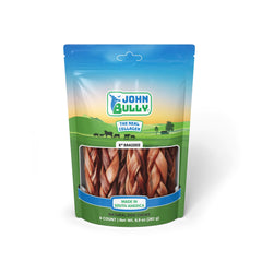 John Bully collagen braided 6-inch pack shows a premium dog treat rich in protein.