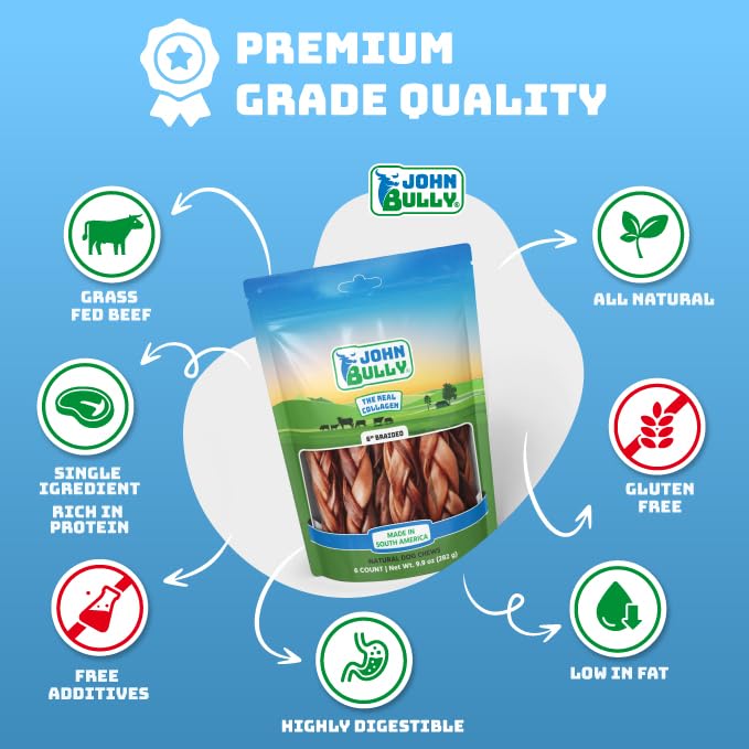 John Bully collagen braided 6-inch packaging displays odor-free, premium quality.