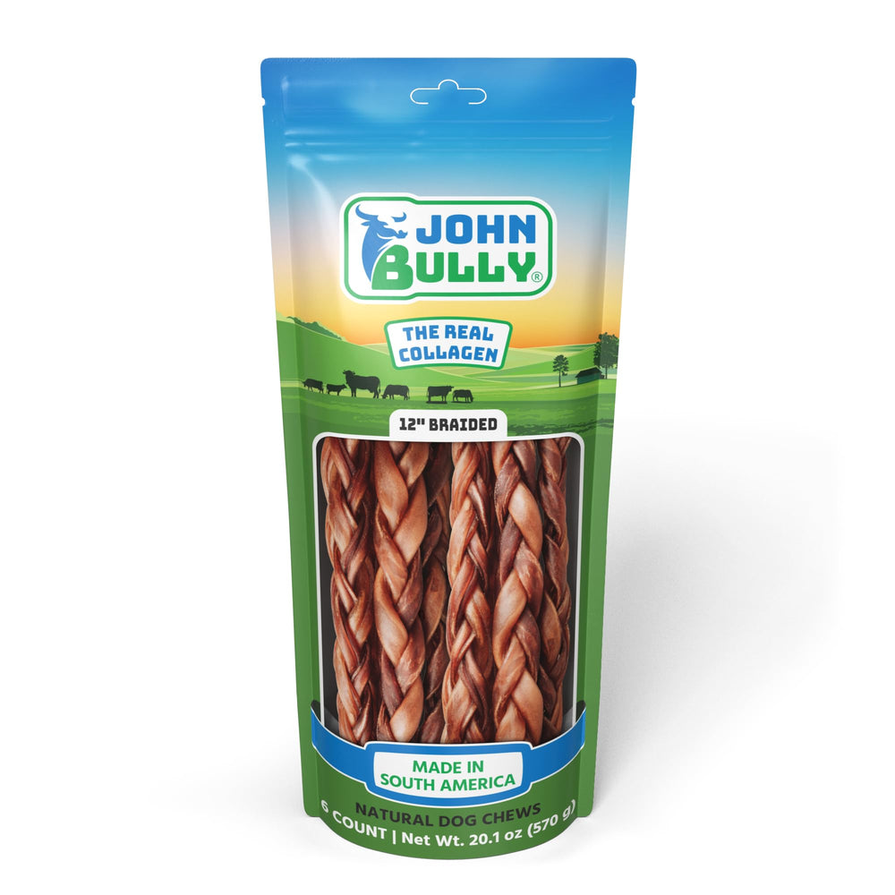 John Bully collagen for dogs braided 12-inch 6-pack, durable natural protein chew.