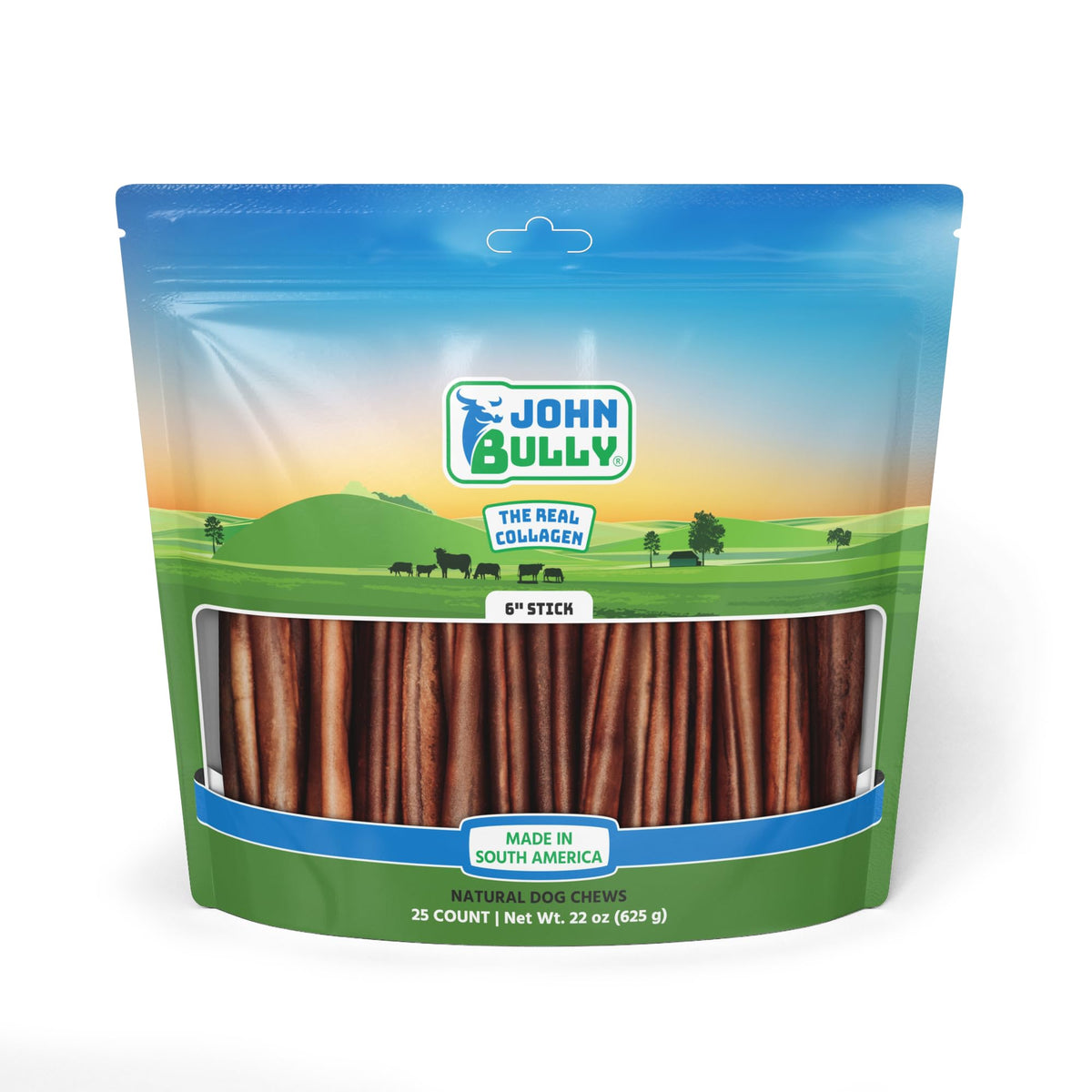 John Bully collagen stick 6-inch close-up, odor-free formula for dogs.