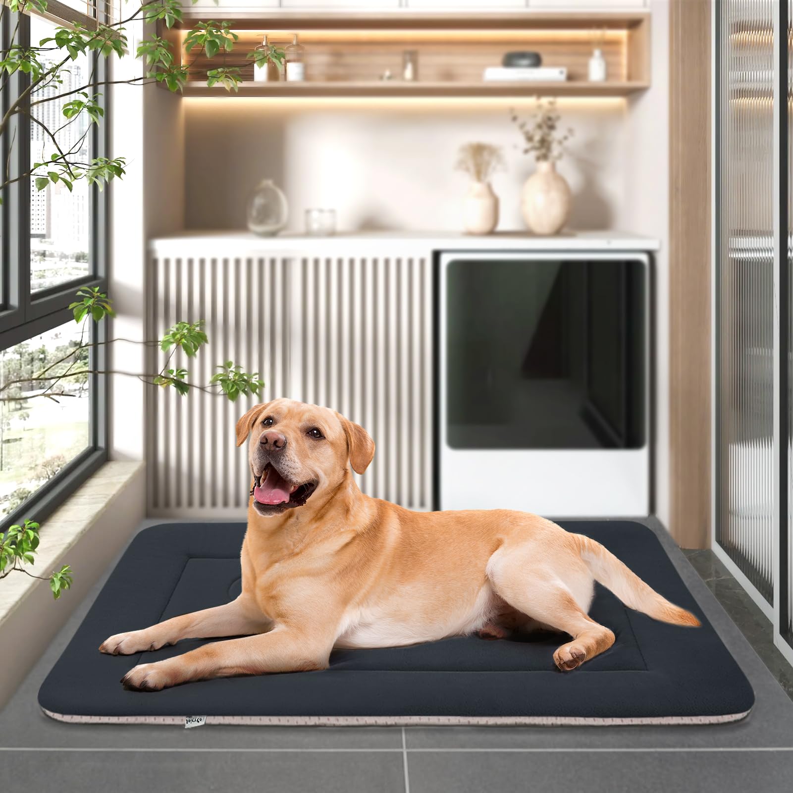 JoicyCo dark gray dog bed blends with home decor.