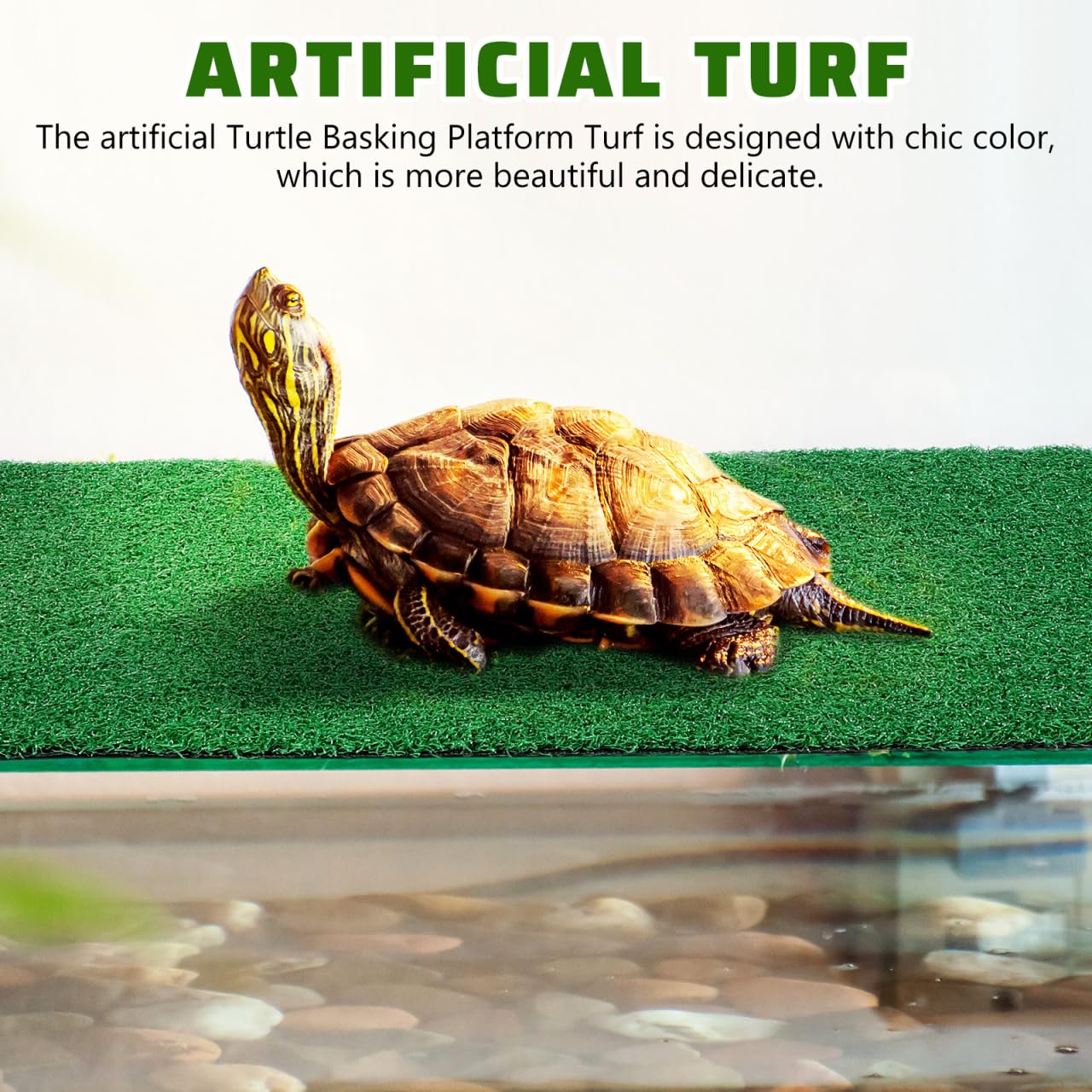 jojofuny artificial grass mat in tank from side view highlighting durable fade-resistant material.