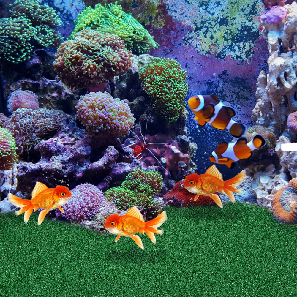 jojofuny fade-resistant green turf maintaining vibrant color under water lighting.