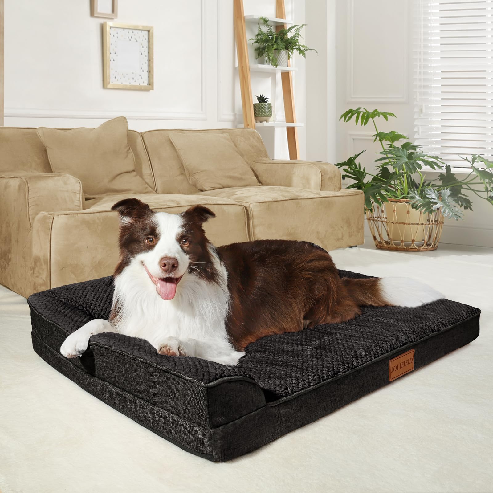 Jolifield dog bed with L-shaped design for neck and head comfort