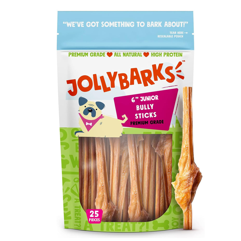 Jolly Barks Junior Bully Sticks 6in for small dogs, easy and satisfying.